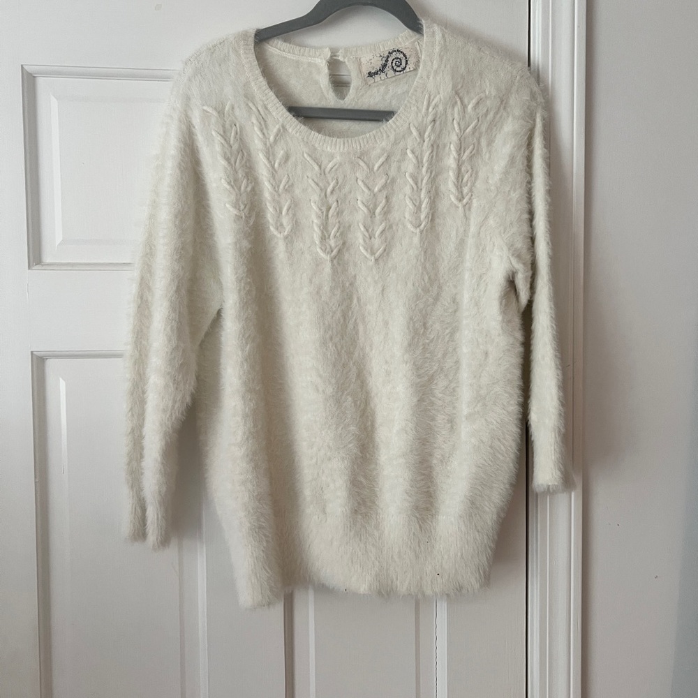 Anthropologie White Crew Neck Sweater with Textured Knit